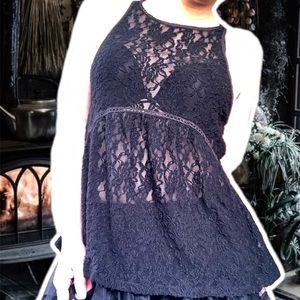 True Vintage y2k Empire Waist Sheer Black Lace Trapeze Racerback Tank, Size S